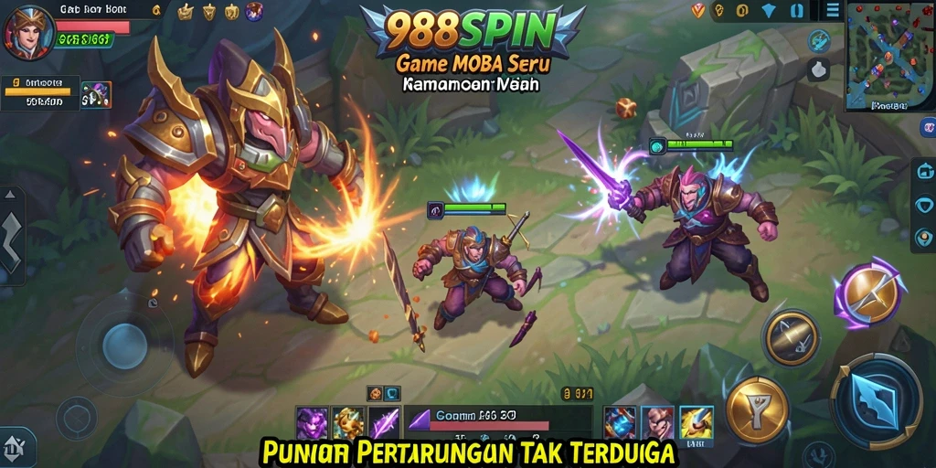 Screenshot gameplay 988SPIN menampilkan pertarungan seru antar karakter MOBA.