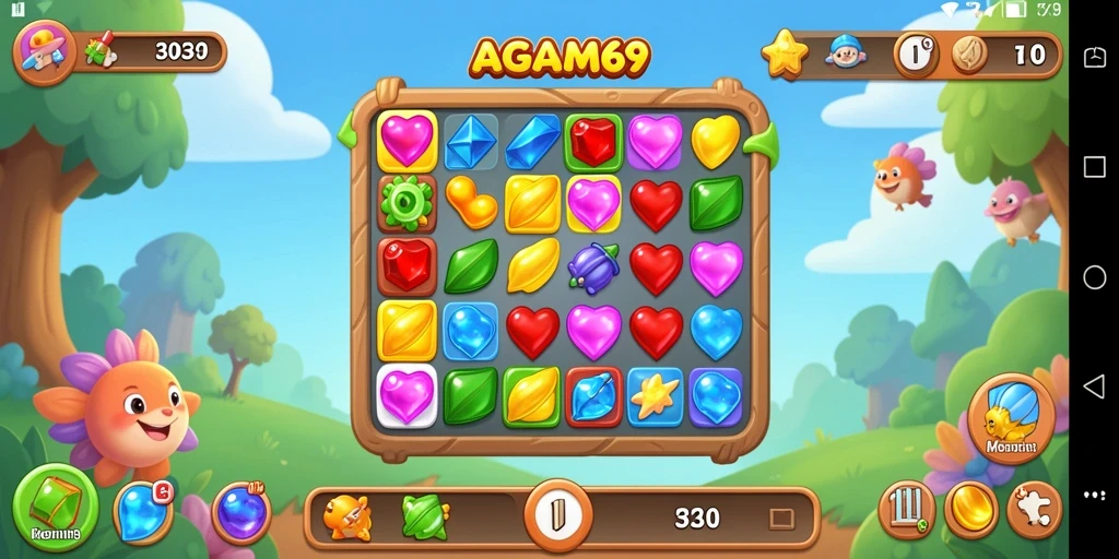 Screenshot gameplay AGAM69 menampilkan grafik cerah dan gameplay Match-3 yang seru.