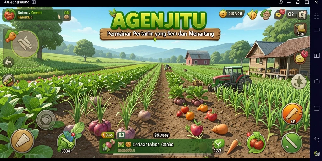 Tangkapan layar gameplay AGENJITU dengan ladang hijau dan tanaman subur.
