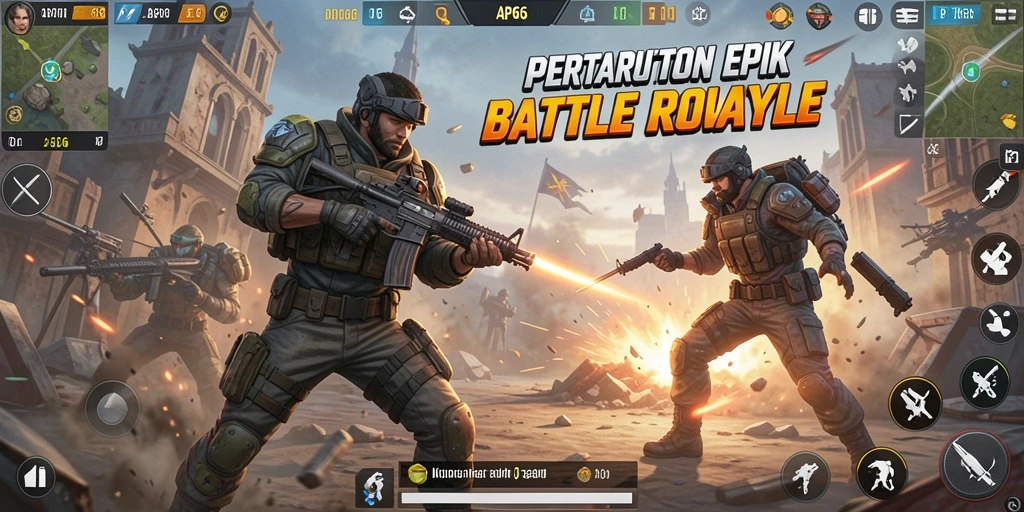 Gameplay intens dalam pertempuran Battle Royale yang mendebarkan.