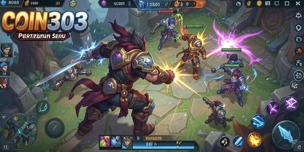 Screenshot gameplay COIN303 yang menunjukkan serunya pertarungan tim MOBA.