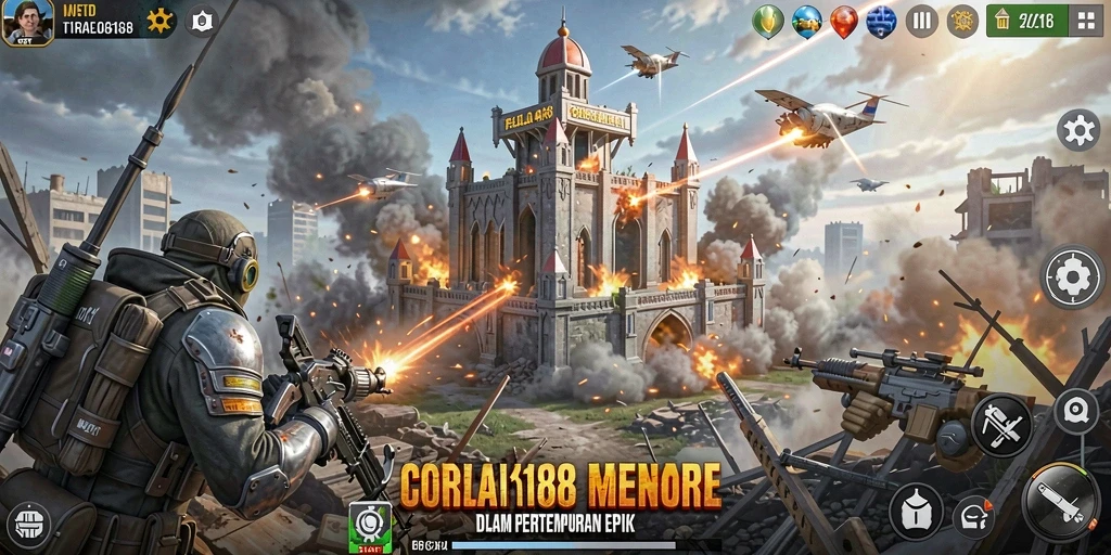 Tangkapan layar CORLA188 menunjukkan gameplay menara pertahanan yang intens dan strategi.