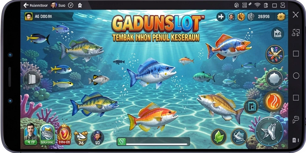 Screenshot gameplay GADUNSLOT saat menembak ikan di laut.