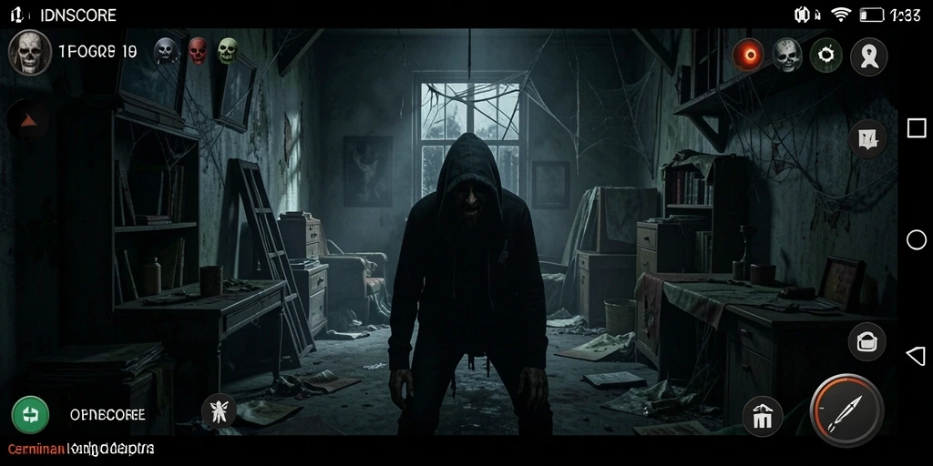 Screenshot gameplay IDNSCORE dengan suasana horor yang mencekam.