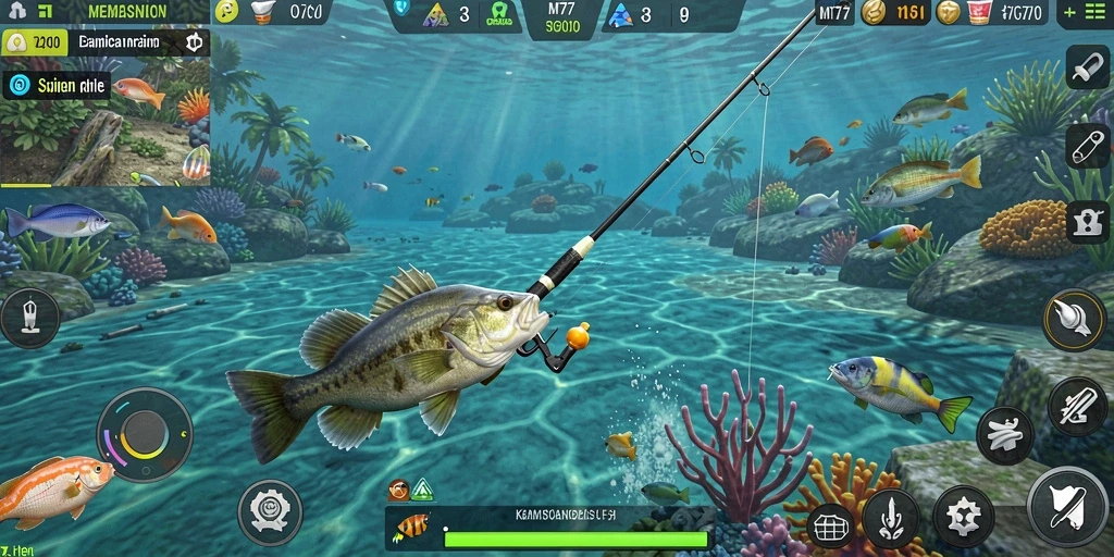 Tampilan gameplay seru dengan aksi memancing yang mendebarkan.
