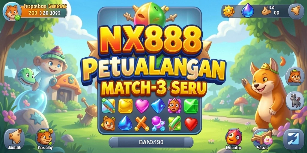 Screenshot gameplay NX888 menampilkan level Match-3 yang penuh warna.