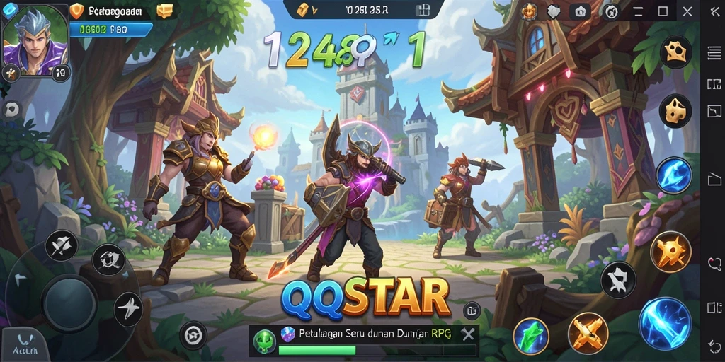Screenshot gameplay <strong>QQSTAR</strong> menampilkan pertempuran epik di dunia RPG yang menawan.