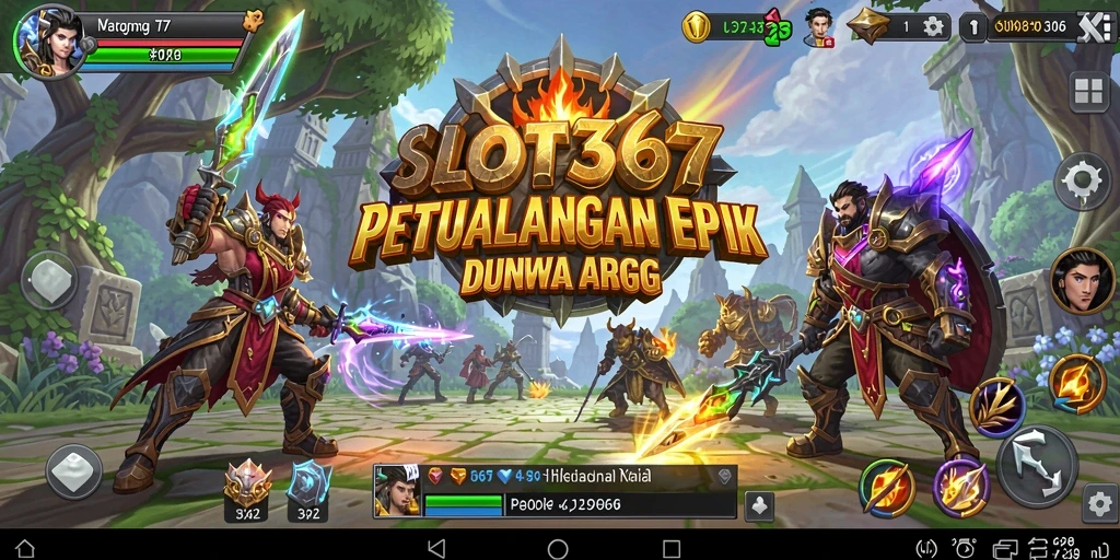 Gambaran gameplay SLOT367 dengan pertarungan epik dan elemen slot.