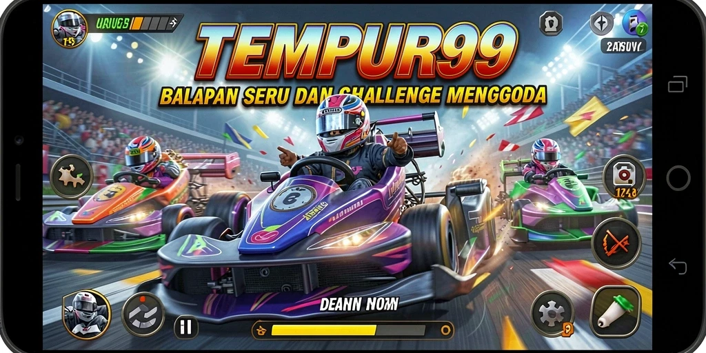 Tampilan screenshot utama TEMPUR99 menunjukkan adrenalin balapan yang intens.